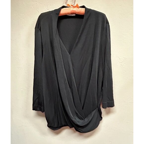 MM Lafleur Womens Size +1 Black 3/4 Sleeve Faux Wrap Deneuve Top Blouse Casual - Picture 1 of 8